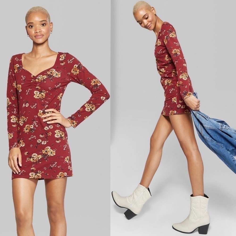 Wild Fable Ruched V-Neck Long Sleeve Floral Dress Small